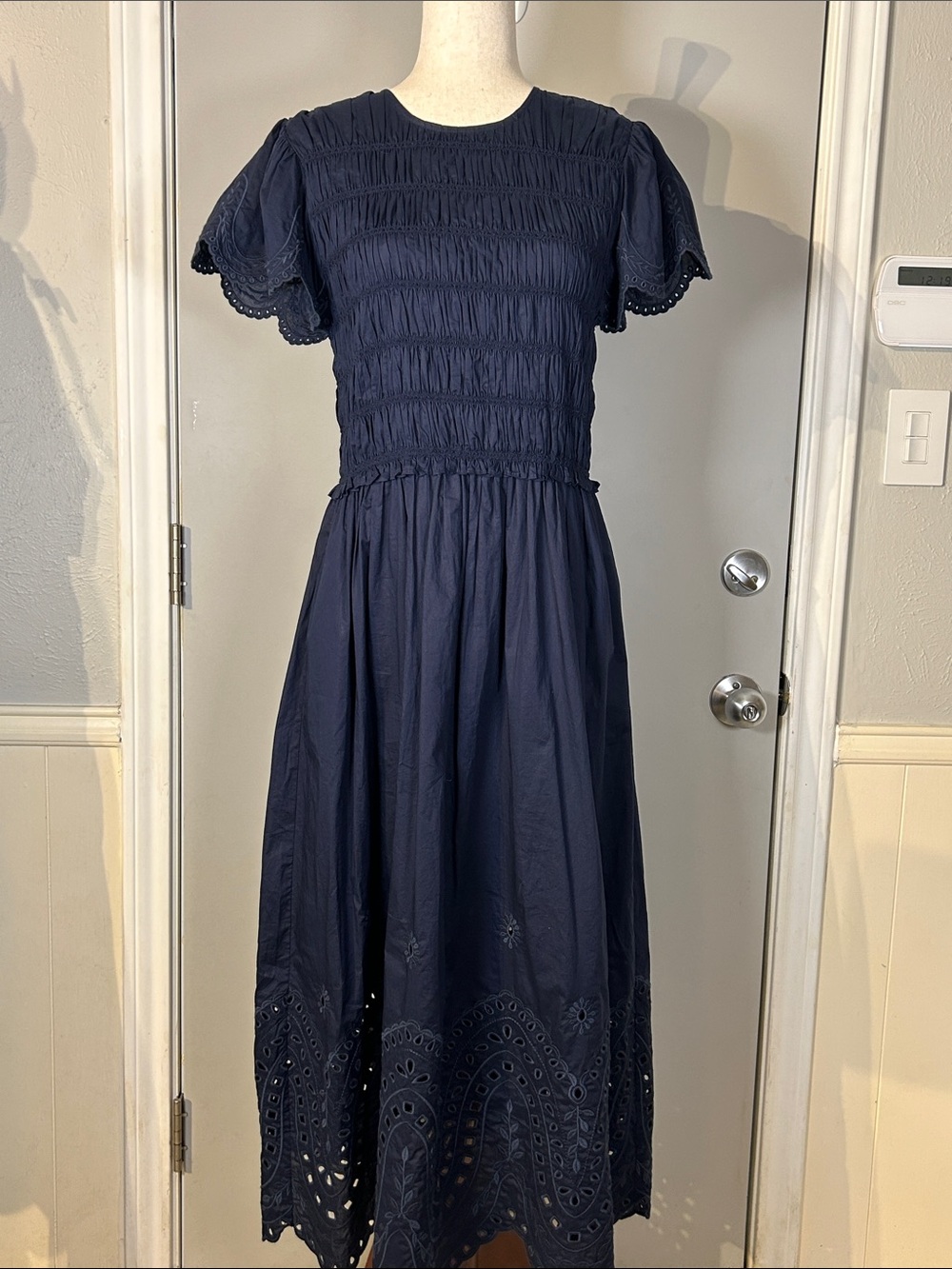 J. McLaughlin Ingrid Navy Eyelet Midi Dress with Smocked Bodice resort romantic